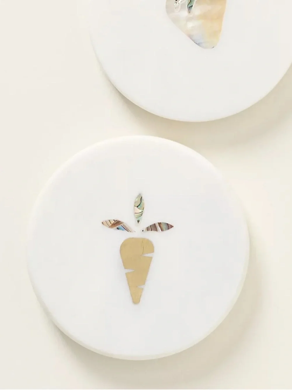 Anthropologie White Briar Marble Coaster with Gold Carrot Mother of Pearl Inlay